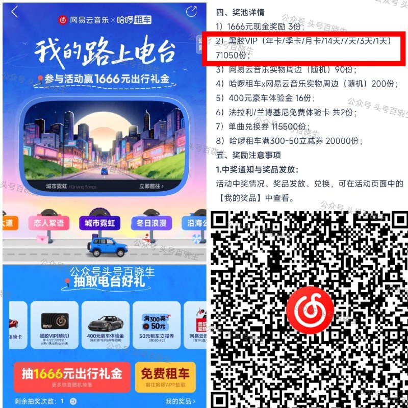 网易云音乐搜：我的路上电台 页面可抽7w份黑胶vip 和周边等 4.20截 👉