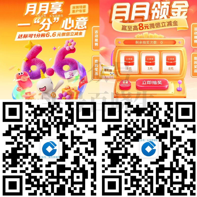 限深圳建.行 两个得立减jin内容 保存图片 到APP打开即可-1️⃣月月享 付0.01领6.6亓 2️⃣月月领金 付0.01抽2～8亓 ​